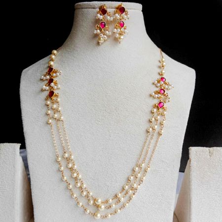 Handmade Brass Metal Jewellery Pearl Pink Necklace Set